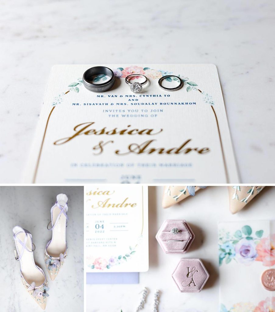 Flat lay wedding detail photos with purple bella belle shoes with floral detail and chiffon butterflies on the toe box. A pink velvet ring box for the diamond engagement ring. One photo has all 3 rings including groom wedding band, diamond engagement ring and bride wedding band lined up on the wedding invitation.