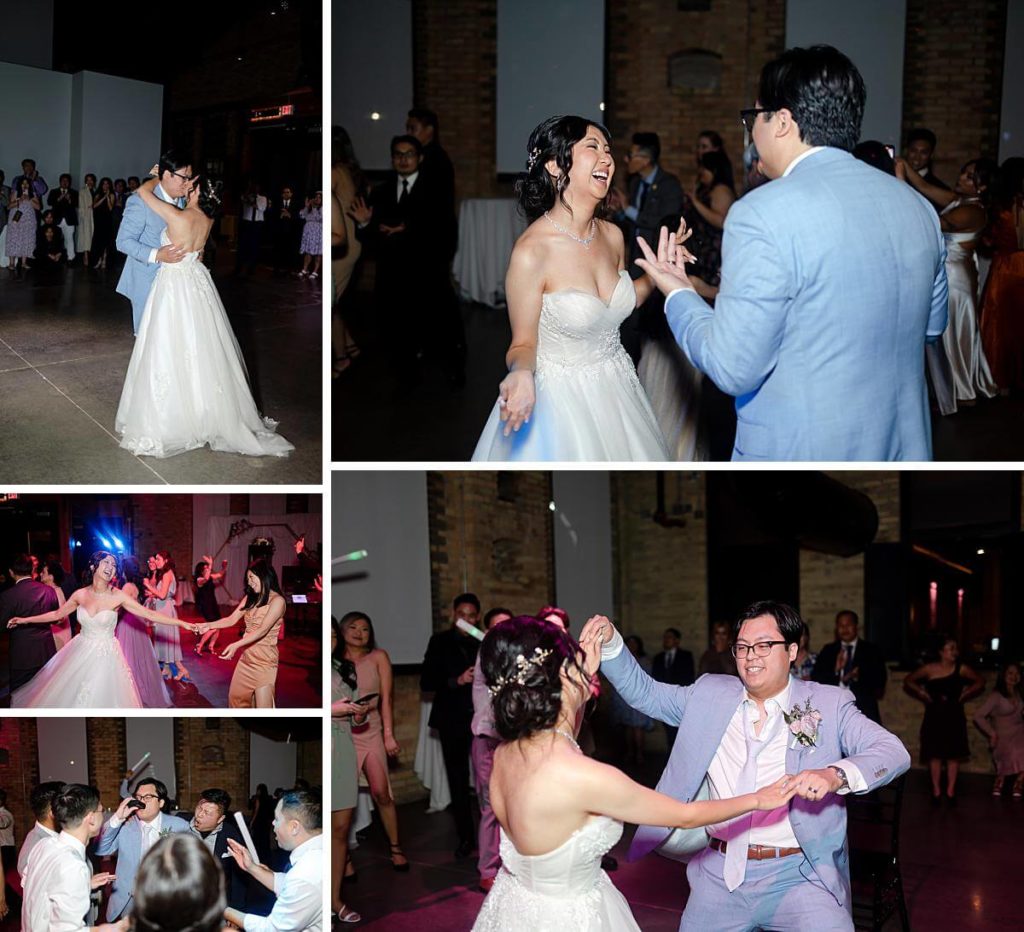 Wedding reception photos of bride and groom dancing at The Essence Event Center